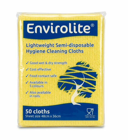 Envirolite Folded Cleaning Cloths Yellow and box on a white background
