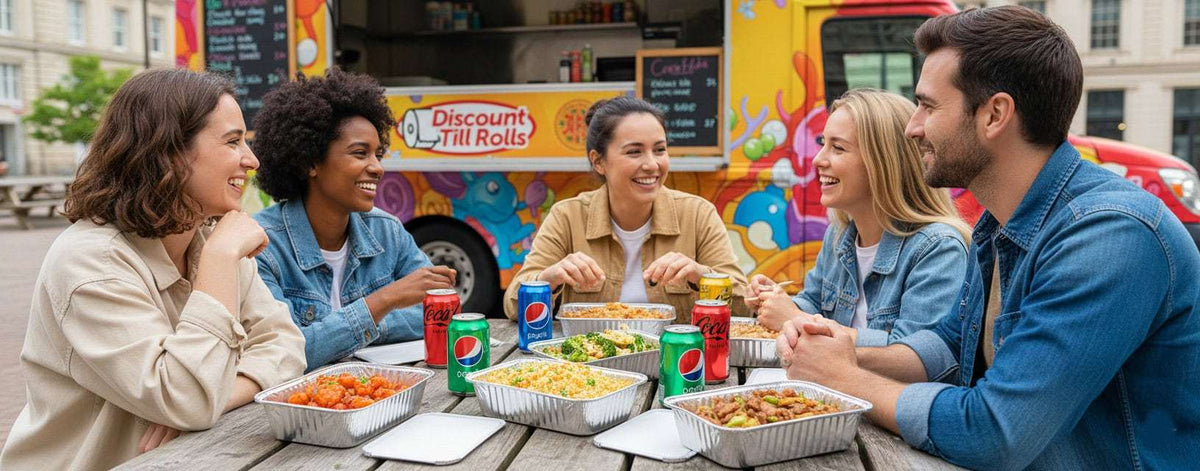 Group of people enjoying food from a foil container on a sunny day.