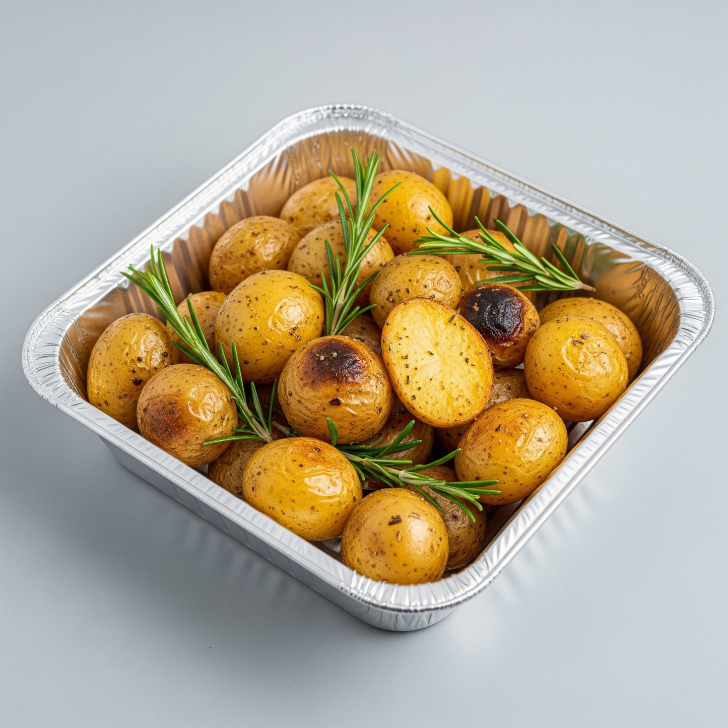 Aluminum container with roasted potatoes and rosemary on a gray background