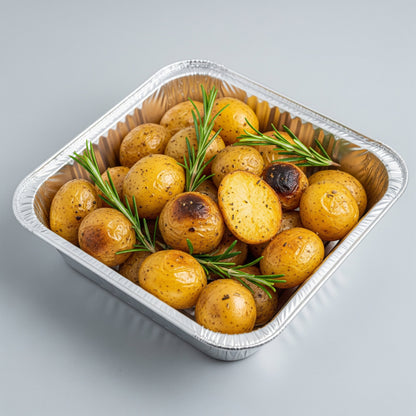 Aluminum container with roasted potatoes and rosemary on a gray background