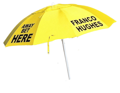 Yellow Bookmakers racecourse umbrella with text on a white background