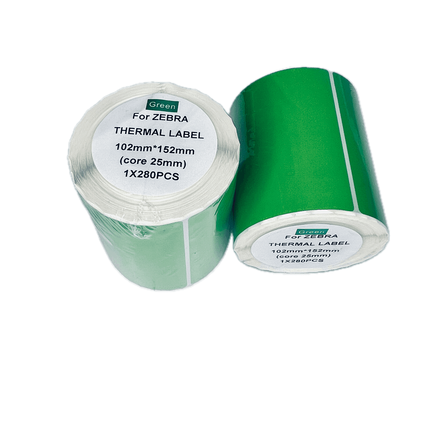 Two rolls of Green For Zebra Thermal Label tape, showing the green adhesive side and the white paper carrier side, on a plain white background.