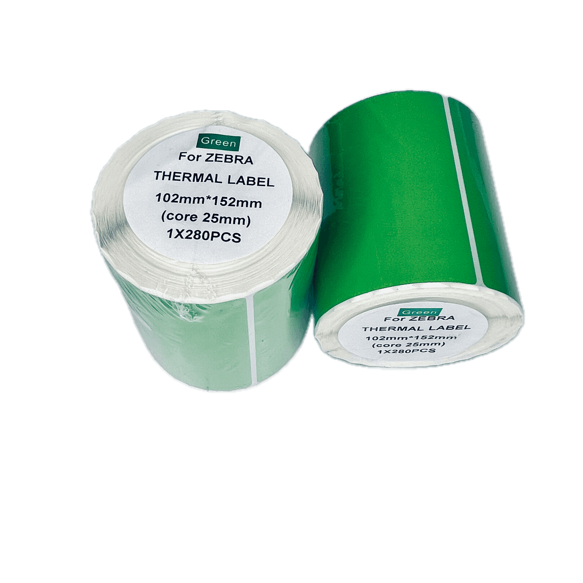 Two rolls of Green For Zebra Thermal Label tape, showing the green adhesive side and the white paper carrier side, on a plain white background.