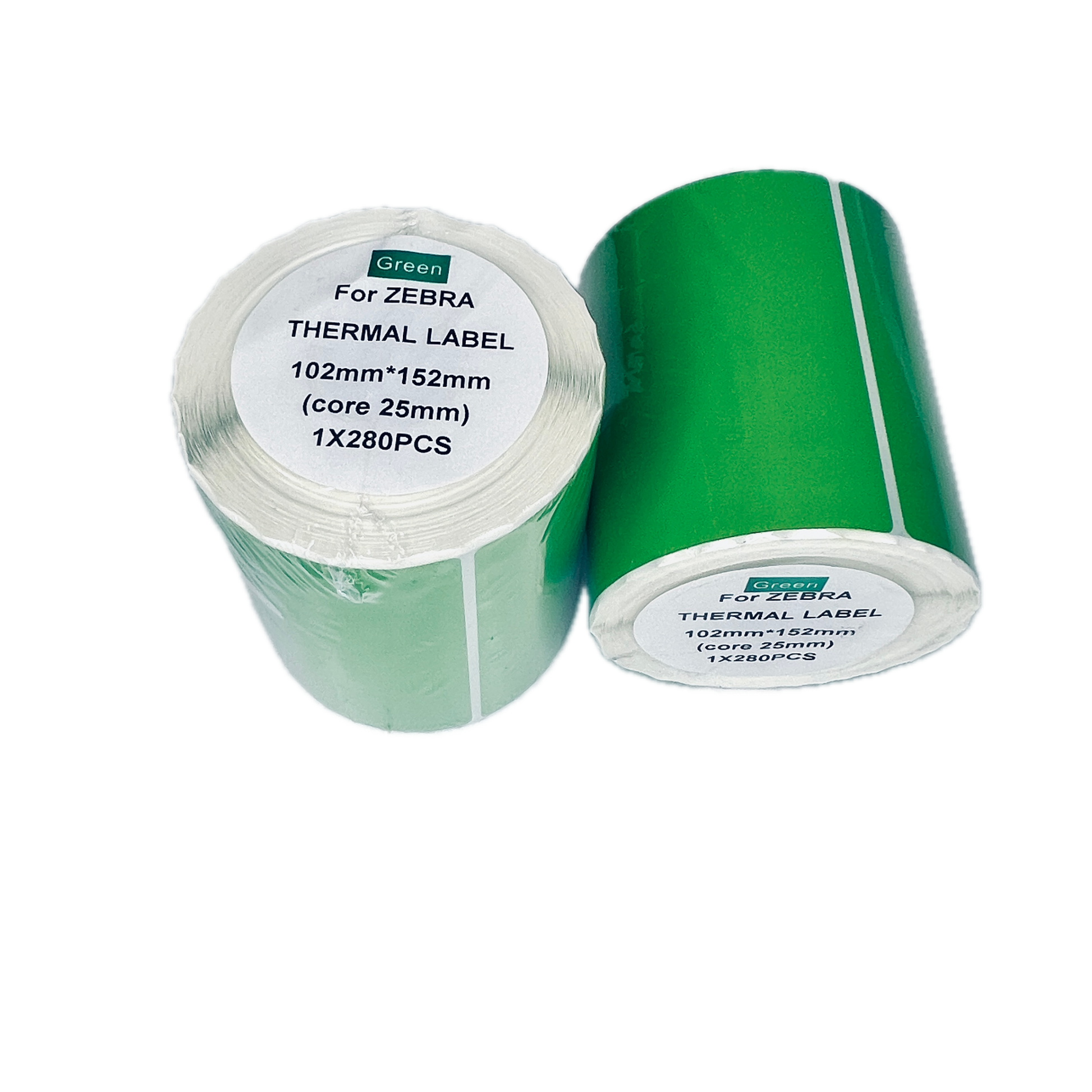 Two rolls of Green For Zebra Thermal Label tape, showing the green adhesive side and the white paper carrier side, on a plain white background.