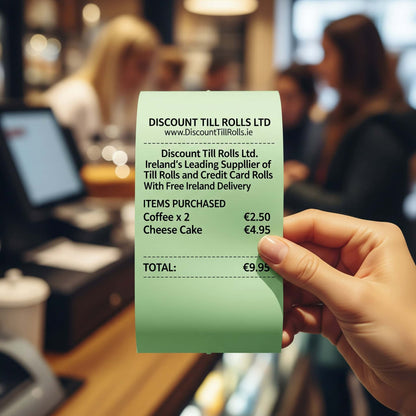 close up of a customer holding a green thermal receipts