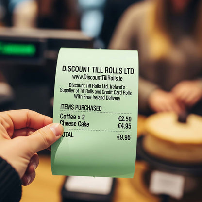 customer holding a green thermal receipts from discount till rolls