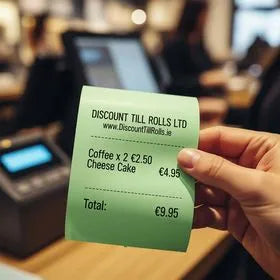 customer holding a green thermal receipts