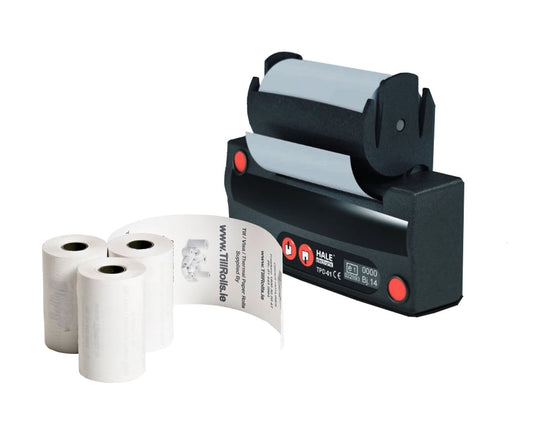 Hale tpd-01 taxi printer  and three rolls of thermal receipt rolls on a white background