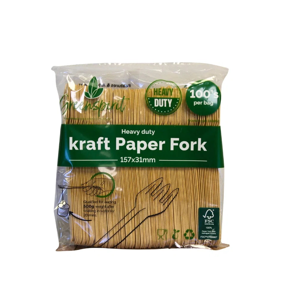 Packaged heavy-duty kraft paper forks with visible branding on a white background