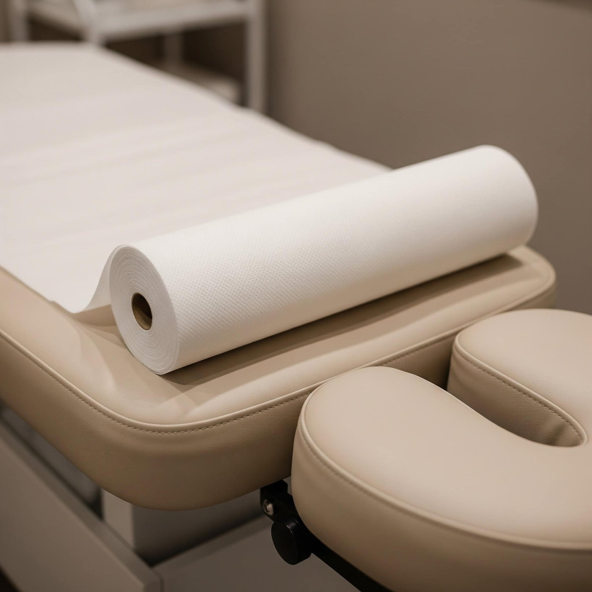 Beige massage table with a Couch Roll of paper towel on a neutral background