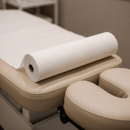 Beige massage table with a Couch Roll of paper towel on a neutral background