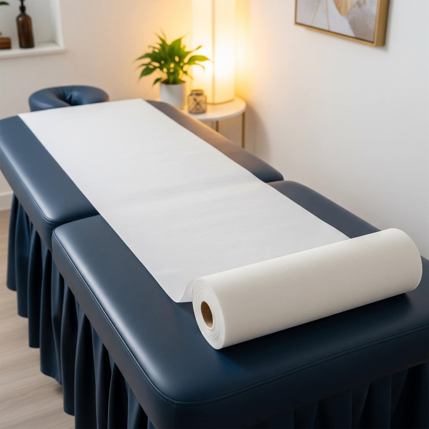 Blue massage table with a white Couch Roll on a wooden floor in a room setting.