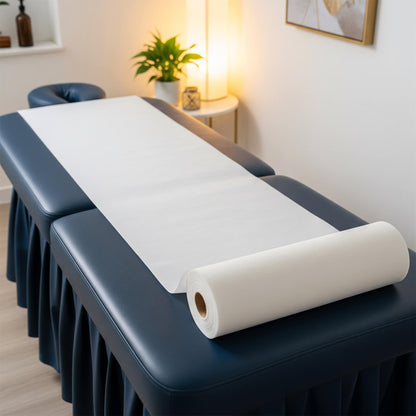 Blue massage table with a white Couch Roll on a wooden floor in a room setting.
