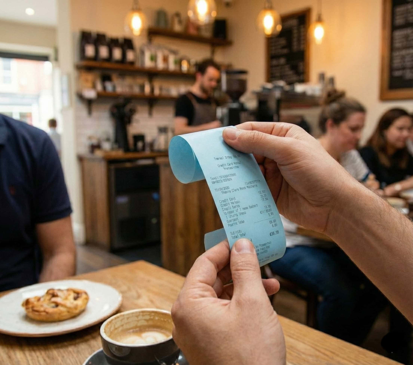 customer reading a blue credit card receipt from a blue credit card roll