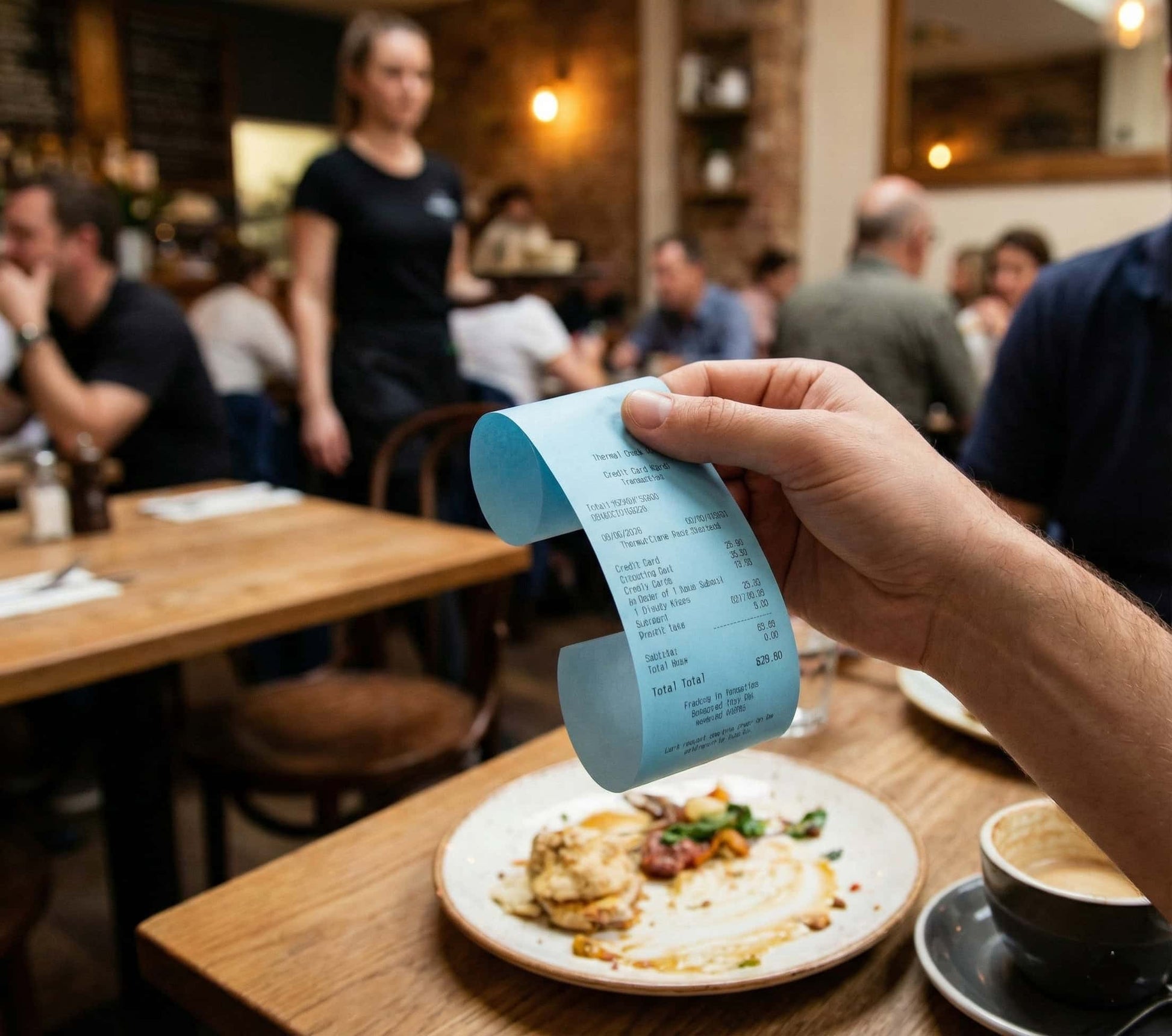 customer in a restaurant reading a blue credit card receipt from a blue credit card roll 