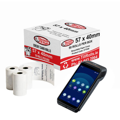 Ingenico AXIUM DX8000 Terminal and discount till rolls branded box and rolls on a white background