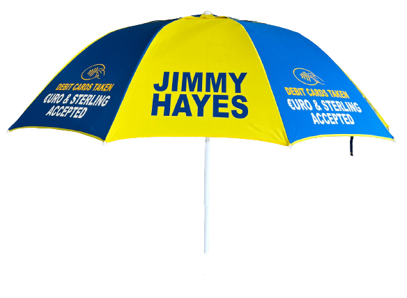 Blue and yellow racecourse bookmakers  umbrella with 'Jimmy Hayes' branding on a white background