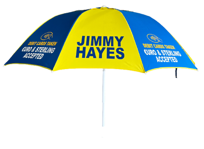 Blue and yellow racecourse bookmakers  umbrella with 'Jimmy Hayes' branding on a white background