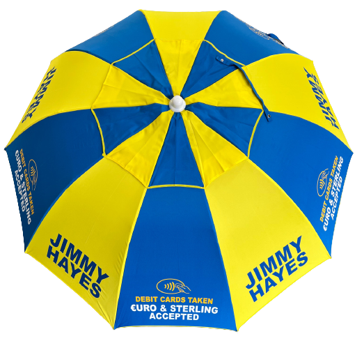 Blue and yellow racecourse bookmakersumbrella with Jimmy Hayes branding on a white background top view