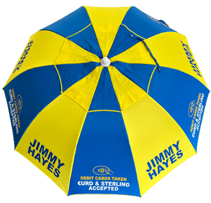 Blue and yellow racecourse bookmakersumbrella with Jimmy Hayes branding on a white background top view