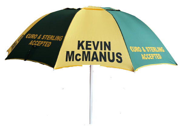 racecourse bookmaker Umbrella with 'Kevin McManus' and 'Euro & Sterling Accepted' text on a white background