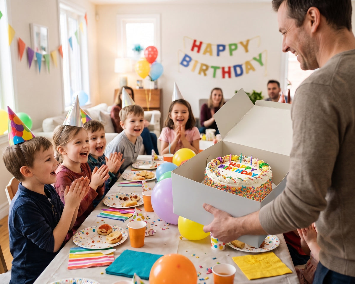 A man opens a large white cake box containing a birthday cake at a children's birthday party. Kids wearing party hats are clapping and cheering around the table decorated with balloons, plates, and a colorful 'HAPPY BIRTHDAY' banner in the background.