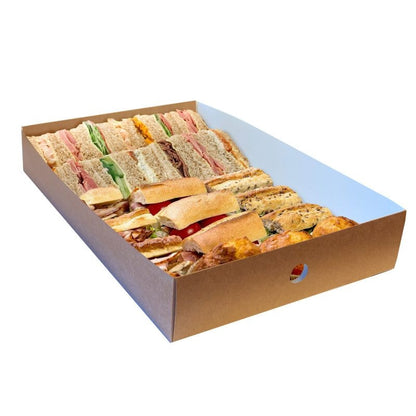 Kraft platter box Insert of assorted sandwiches on a white background