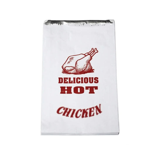 Large Flat Foil Chicken Bags with red chicken graphic and text on a white background