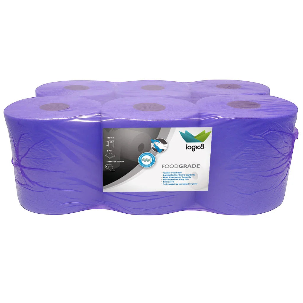 Logic8 Food Grade Blue Centrefeed Rolls 180mm x 120m LT1 (6 Rolls)