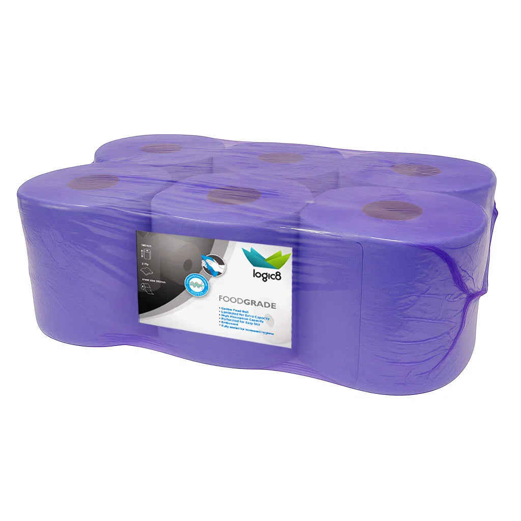 Blue Centrefeed Rolls of food-grade packaging with a Logic8 label on a white background