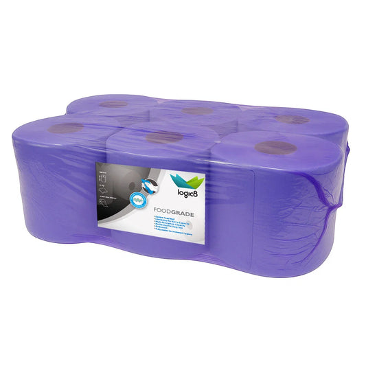 Blue Centrefeed Rolls of food-grade packaging with a Logic8 label on a white background