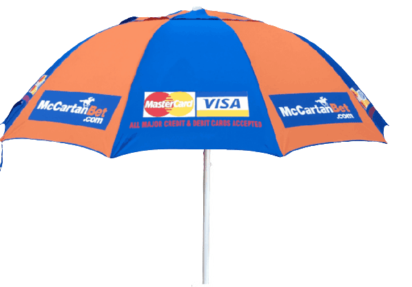 Blue / Orange racecourse bookmakers Umbrella with McCarterBet, MasterCard, and Visa logos on a white background