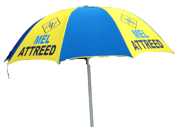 Yellow and blue racecourse bookmakers umbrella with 'Mel Attreed' branding on a clear background