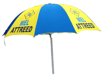 Yellow and blue racecourse bookmakers umbrella with 'Mel Attreed' branding on a clear background