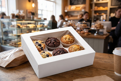 A white cardboard box with a clear window displaying six assorted muffins on a wooden table inside a bakery, with a coffee cup and paper bag nearby.