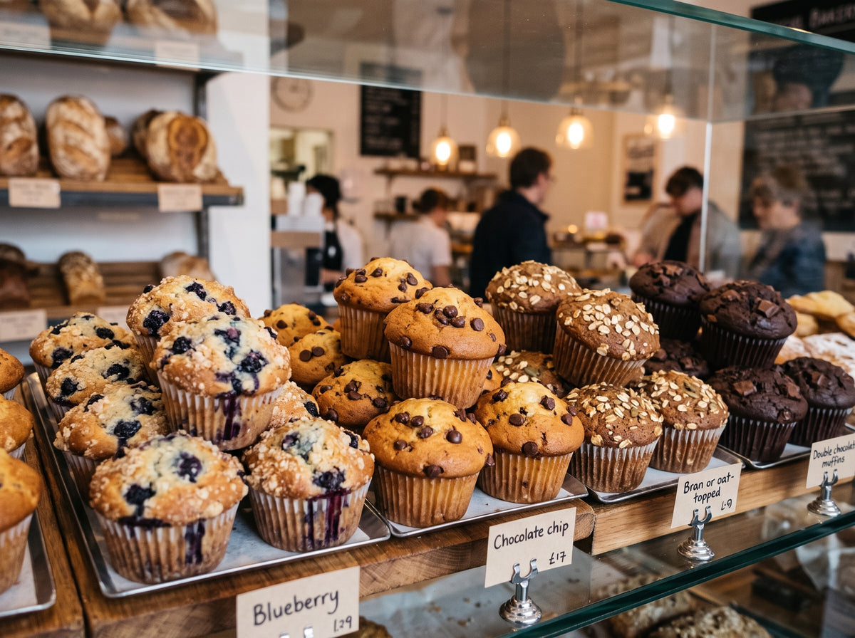 A bakery display case filled with assorted muffins and scones, including blueberry, chocolate chip, and oatmeal varieties, with a softly blurred cafe interior in the background.