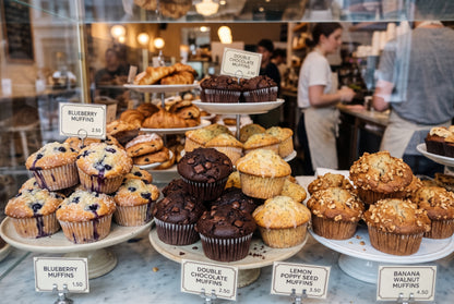 A bakery display case filled with assorted muffins and cupcakes, including blueberry muffins, chocolate chip muffins, lemon poppy seed muffins, and banana walnut muffins, with handwritten price tags and a blurred cafe interior in the background.