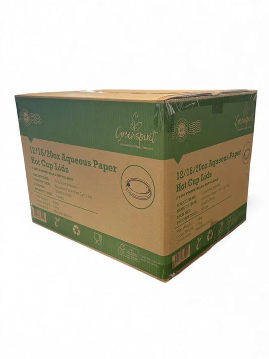 Greenspirit  branded box containing 90mm Greenspirit Aqueous Paper Hot Cup Lids on a white packground