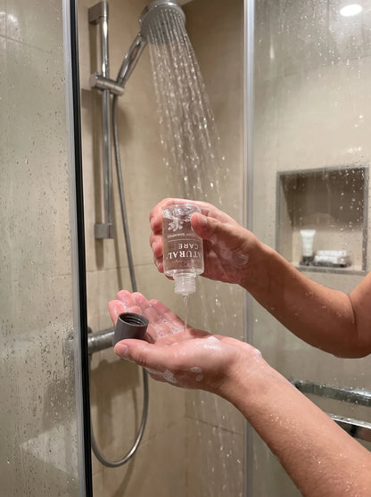 Natural Care Hair And Body Shampoo used in a shower
