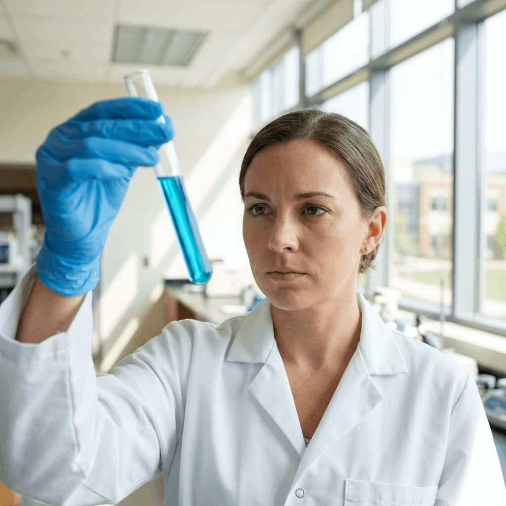 Lab technician wearing Blue Nitrile Gloves