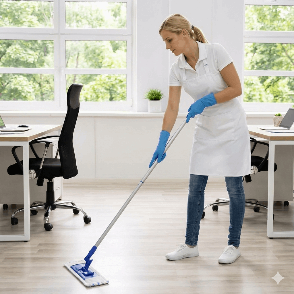 Person wearing Blue Nitrile Gloves cleaning an office floor with a mop.