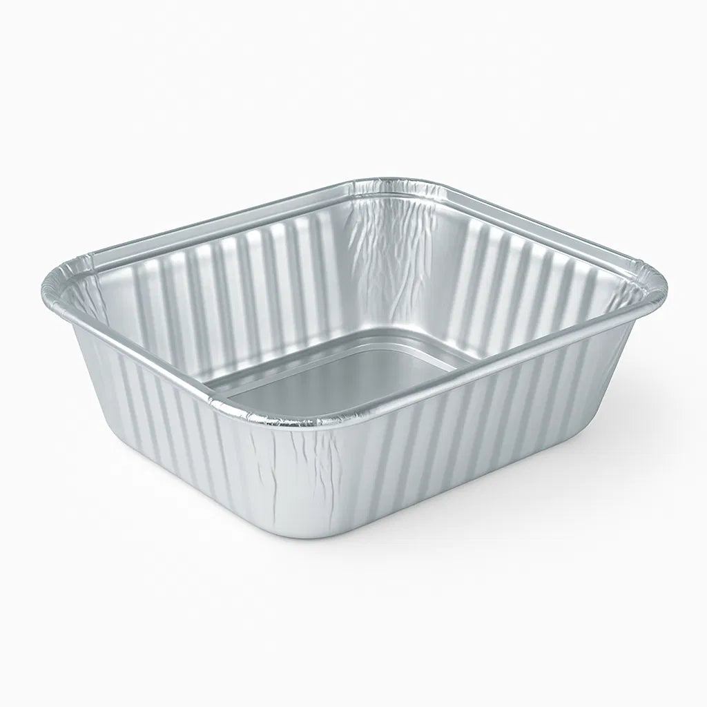 Rectangular aluminum food container on a white background