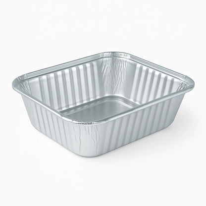 Rectangular aluminum food container on a white background
