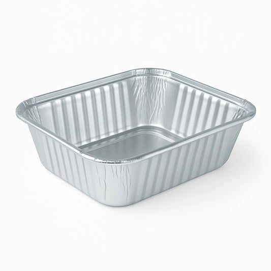 Rectangular aluminum food container on a white background