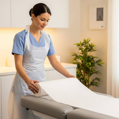 Nurse in a cleaning uniform preparing a surface with a Couch Roll in a room.