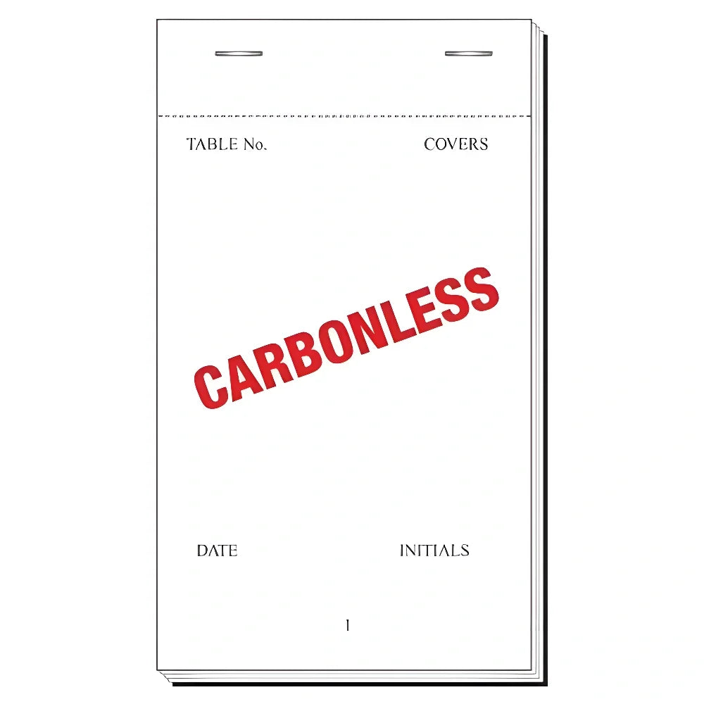 A stack of white carbonless Waiter Ordr Pads with black printed fields and a large red diagonal 'CARBONLESS' stamp across the front sheet, shown on a plain white background.