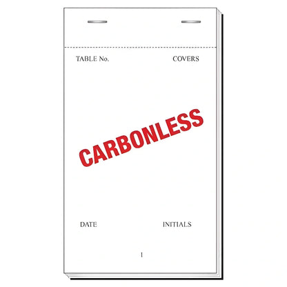 A stack of white carbonless Waiter Ordr Pads with black printed fields and a large red diagonal 'CARBONLESS' stamp across the front sheet, shown on a plain white background.
