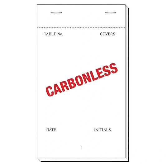 A stack of white carbonless Waiter Ordr Pads with black printed fields and a large red diagonal 'CARBONLESS' stamp across the front sheet, shown on a plain white background.