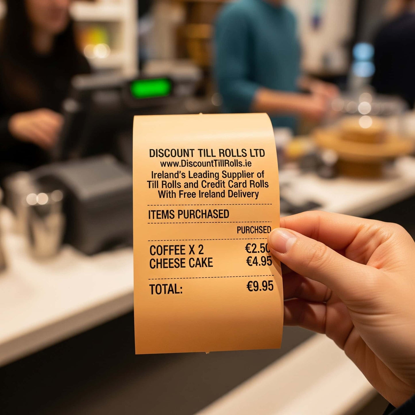 customer holding an orange thermal receipt 
