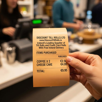 customer holding an orange thermal receipt 